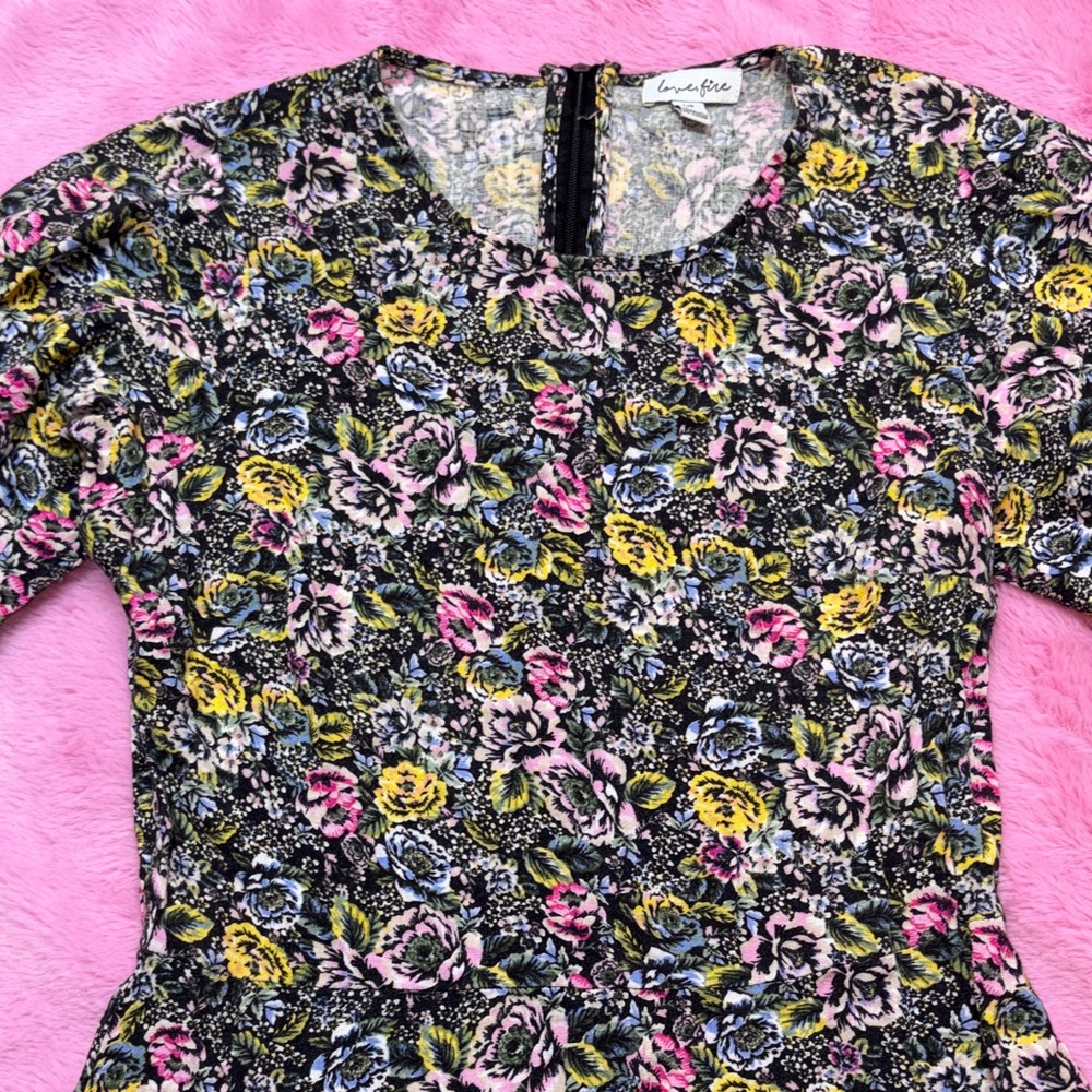 love, Fire Yellow, Pink, and Blue Floral Print Short Sleeve Mini Dress - Picture 3 of 6